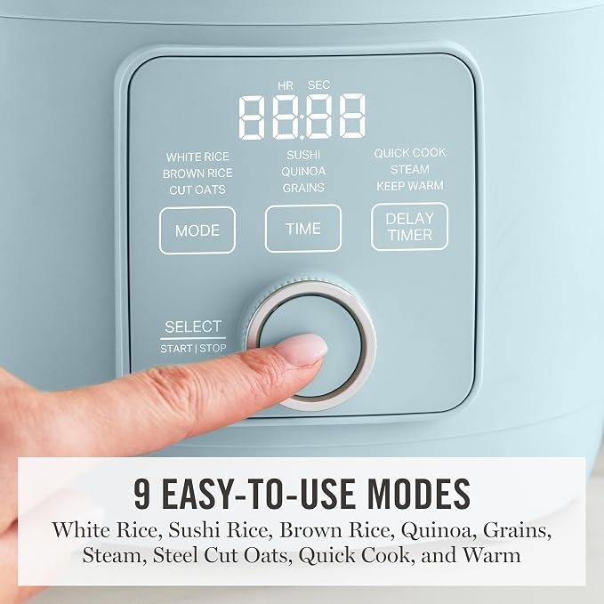 Martha Stewart Rice Cooker, 4 Cup (Uncooked) / 8 Cup (Cooked), Ceramic Non-Stick Removable Pot, Keep Warm, Measure Markings, Steam Basket, Brown & Sushi Rice, Quick Cook, Quinoa, Grains, Oats, Sky Blue