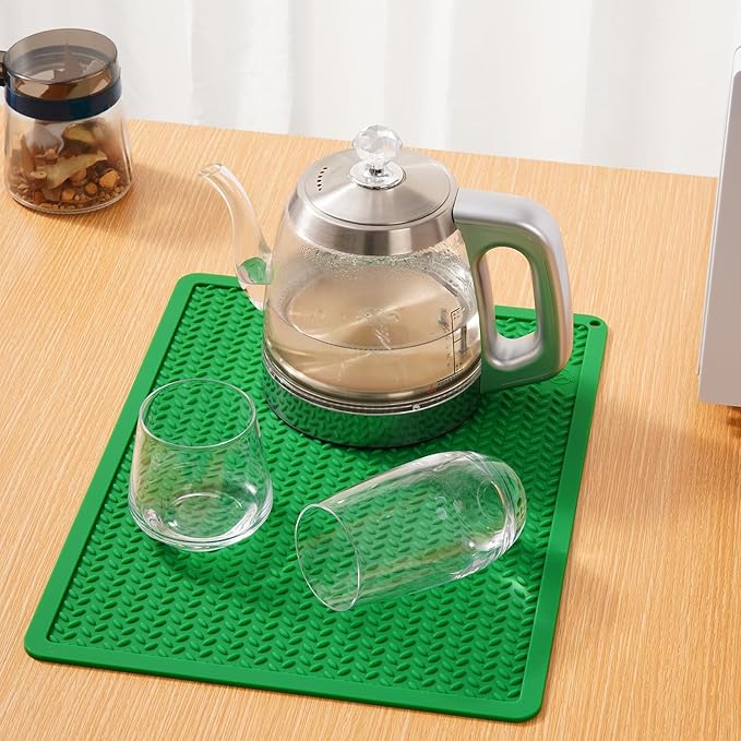 Silicone Drying Mat & Heat Resistant Mat for Kitchen Counter, Non-Slip Dishwasher Safe, Raised Edge for Dishes Bottles Sink (15.35x11.61in, Dark Green)