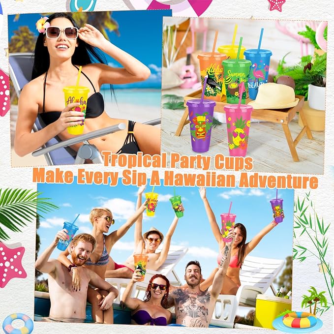Kochorie 24 Pieces Hawaiian Plastic Cups with Lids and Straws 24 oz Reusable Party Cups Tumblers Bulk Iced Coffee Drinking Cups Water Bottle Travel Mug for Birthday
