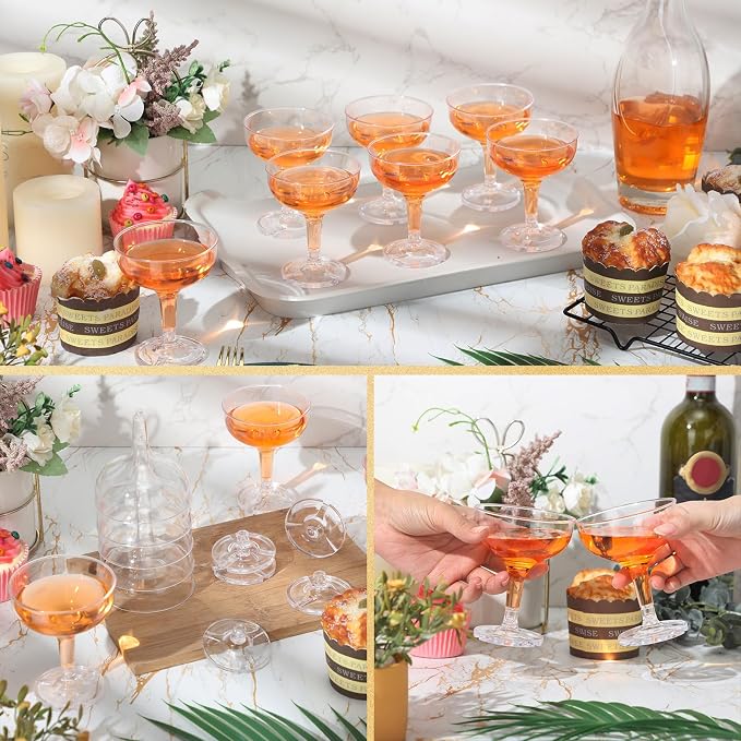 Potchen 100 Pcs Plastic Champagne Party Glasses 5 oz Clear Disposable Champagne Glasses Stackable Acrylic Martini Flutes Unbreakable Margarita Coupe for Wedding Birthday Party Bar(Classic)