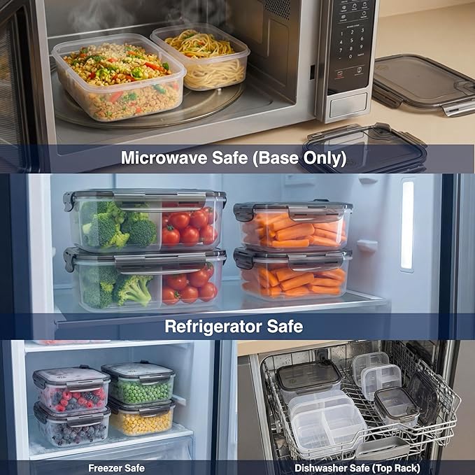 Compartmentalized Plastic Airtight Food Storage Containers with Vented Lids, 3-Compartment Design, BPA-Free, 5-Pack (5.5 Cups Each) for Meal Prep and Portion Control