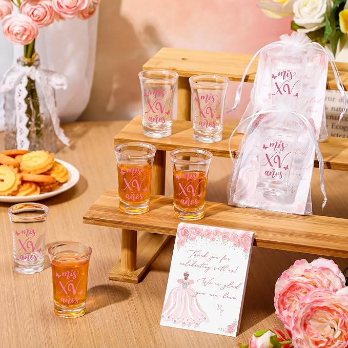 Havawish 25 Sets Quinceanera Party Favors for Guests Quinceanera Acrylic Clear Personalized Shot Glasses Thank You Cards with Organza Bags Mis Xv Años Sweet 15 Birthday Party Favors (Pink)