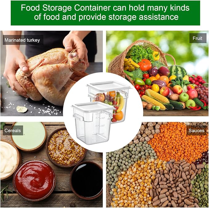 FoldTier 2 Pieces Square Food Storage Containers Polycarbonate Clear food Container with Lid Commercial Storage with Graduations for Commercial Kitchen Dough Marinating Meat(White,4 Qt)