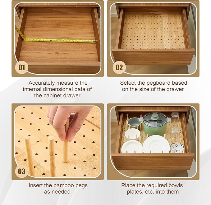 Kigley 6 Pcs Wood Pegboard Drawer Organizer with 48 Pegs Wooden Peg Board System Peg Drawer Organizers for Kitchen Dishes Plate Pegboard Food Containers (17x5.91,Bamboo)