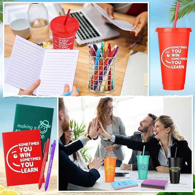 Feifeiya 72 Pcs/ 24 Set Thank You Gift Bulk 24 oz Employee Teacher Appreciation Tumbler with Lids and Straws Motivational Pens Inspirational Notepads Set Plastic Cups Gift for Team Staff Coworker