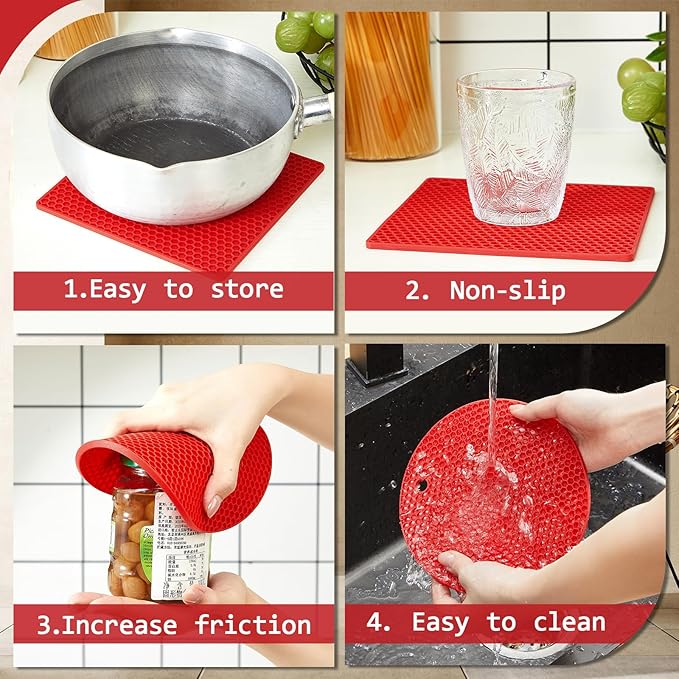 Honeydak 12 Pcs Silicone Trivet Mat and Silicone Hot Handle Holder Pack Multipurpose Non Slip Pot Holders Pot Handle Covers Heat Resistant for Kitchen Potholders Hot Dishes Jar Opener (Red)