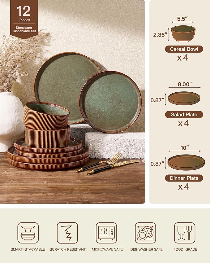 Stoneware Dinnerware Sets, Handcrafted Double Reactive Glaze Plates and Bowls for Everyday & Formal Dining, Microwave & Dishwasher Safe, Scratch Resistant Dishes Service for 4 (12-Piece), Moss Cocoa