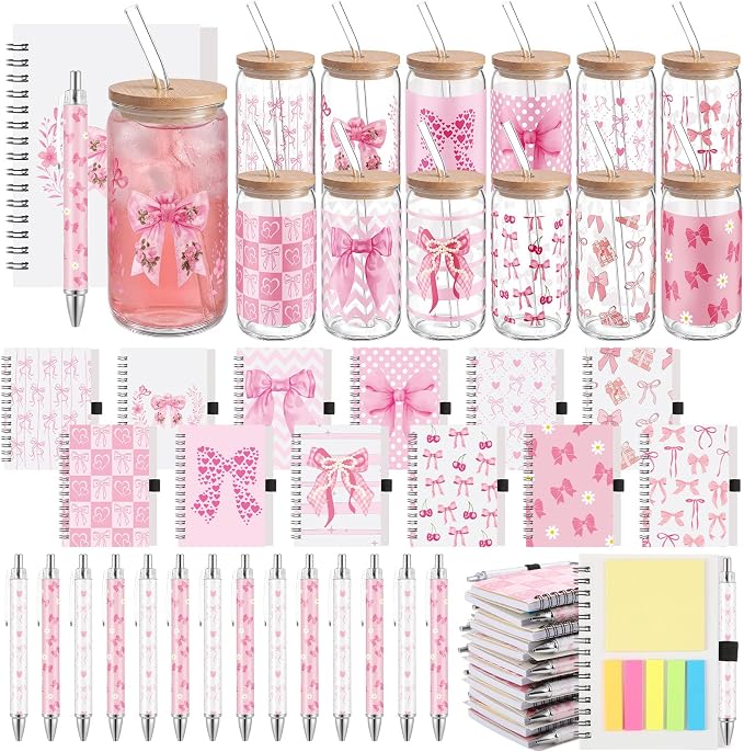 Skylety 12 Set Pink Bow Gifts Coquette Party Favors Bow Glass Cup with Lid and Straw Spiral Notebooks Sticky Pens for Baby Shower Game Prizes for Winners Bridal Shower Bachelorette Party Supplies