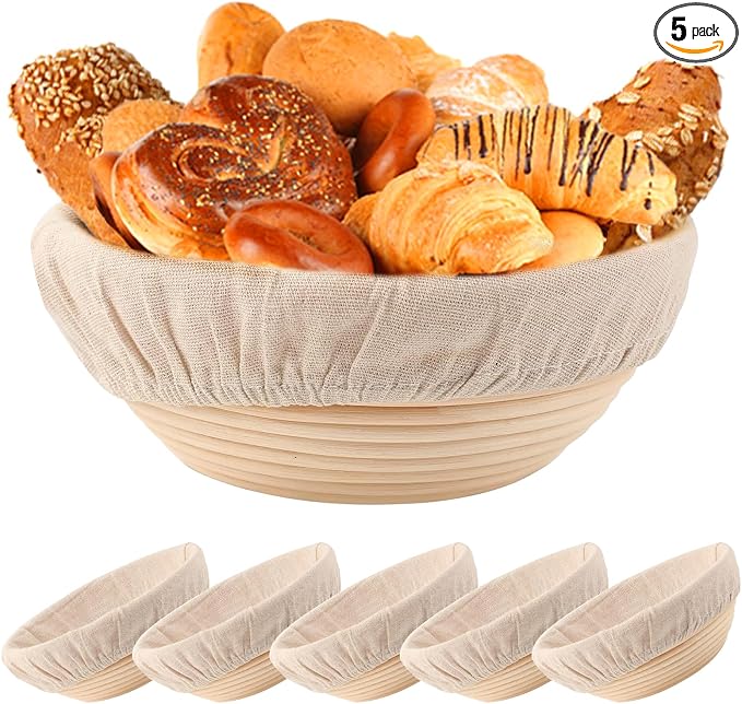 5 Pack Round Banneton Proofing Basket Set 9 Inch, Natural Rattan Sourdough Bread Bowls with Linen Liners, Dough Baking Supplies for Professional & Home Bakers(9" Round, Set of 5)