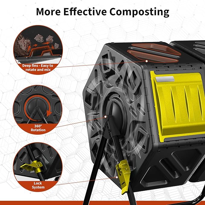 Compost Bin Outdoor, 2 Separate Tumbling Chambers, 37Gal Lagre Compost Tumbler with Sliding Door and Aeration System, 360° Rotating, Tumbling Composter Bin for Kitchen, Garden, Yard, Black Yellow