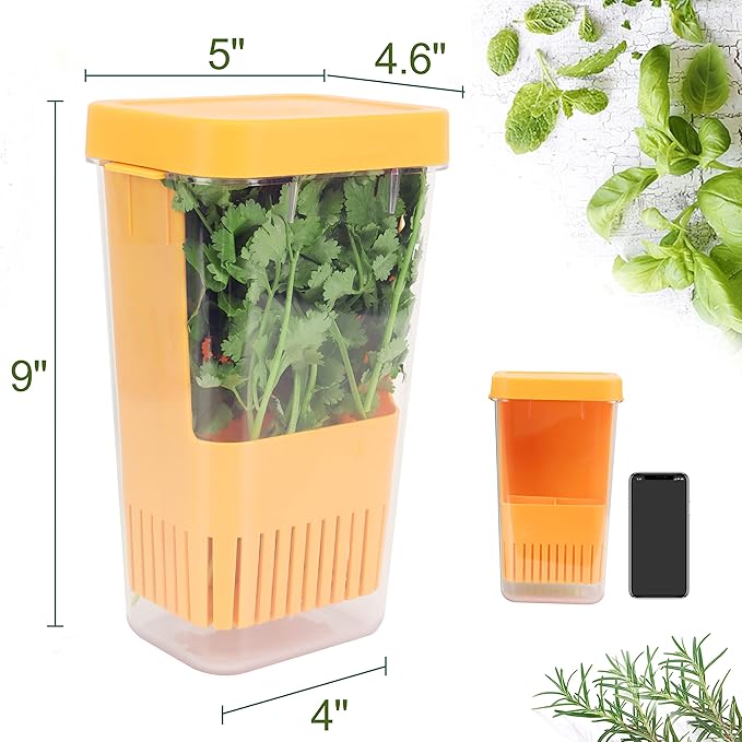 LUVCOSY Fresh Herb Keeper for Refrigerator, Clear BPA-Free Herb Saver, Storage Container for Cilantro, Parsley, Thyme, Mint & Asparagus, Preserver Keeps Fresh Herbs for 3 Times Longer, Orange
