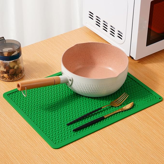 Silicone Drying Mat & Heat Resistant Mat for Kitchen Counter, Non-Slip Dishwasher Safe, Raised Edge for Dishes Bottles Sink (15.35x11.61in, Dark Green)