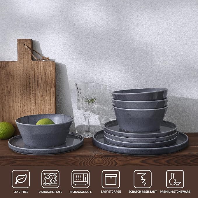 Famiware Annecy Dinner Plates and Bowls Sets, Stoneware Dinnerware Sets, Dishes Set for 6, 18 Pieces Handmade Dishware Set - Microwave & Dishwasher Safe, Double Reactive Glaze Tableware, Misty-Blue