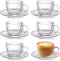 6 Sets of Glass Tea Cups with Saucers Vintage Coffee Mugs 2.8 oz Clear Espresso Cup with Handle Embossed Glassware for Hot Cold Beverages Americano Cappuccino Latte Tea