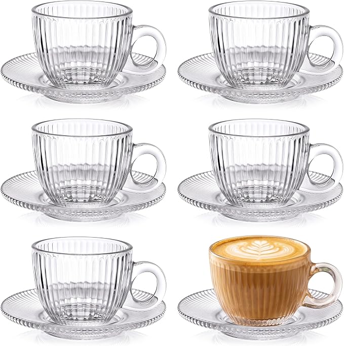 6 Sets of Glass Tea Cups with Saucers Vintage Coffee Mugs 2.8 oz Clear Espresso Cup with Handle Embossed Glassware for Hot Cold Beverages Americano Cappuccino Latte Tea