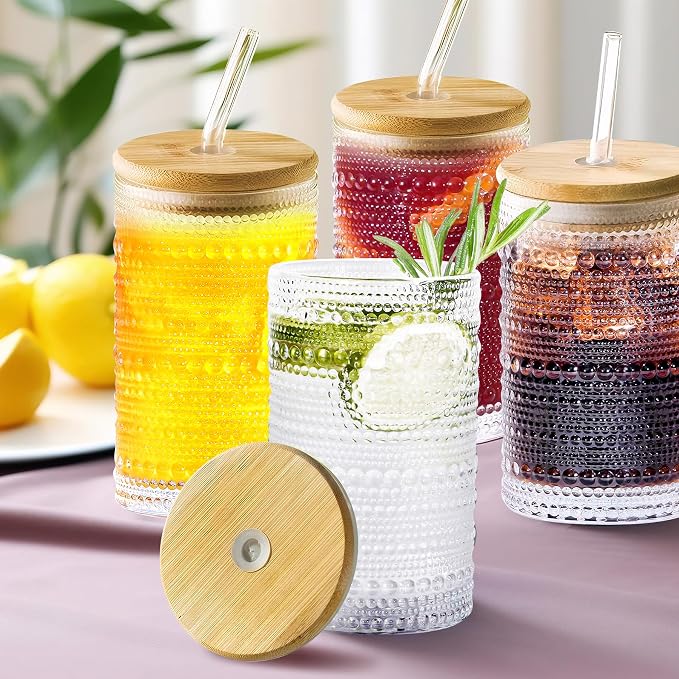 Hobnail Drinking Glasses with Bamboo Lids and Glass Straw 4Pcs Set - 14oz Vintage Glass Cups, Water Glasses, Iced Coffee Glasses, Cute Tumbler Cup, Ideal for Cocktail, Whiskey, Gift - Cleaning Brushes