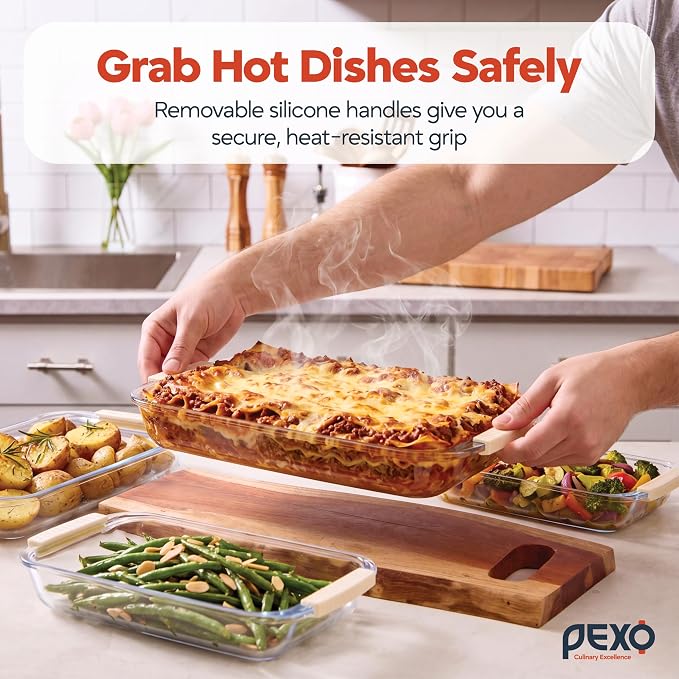 Pexo 8 Piece Glass Baking Dish Set with Plastic Lids, With Silicone Handles for Easy Grip (1.06QT, 1.69QT, 2.32QT, 3.17QT), Clear Glass Casserole Dishes for Oven, Airtight Lids, Glass Bakeware, Freezer, Oven, and Dishwasher safe (White)
