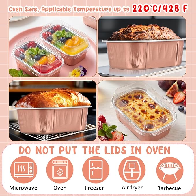 Vesici 100 Sets Mini Loaf Pans with Lids, 5.7 oz Disposable Aluminum Foil Baking Cups, Rectangle Cake Pans for Baking Storage Birthday Party(Champagne)
