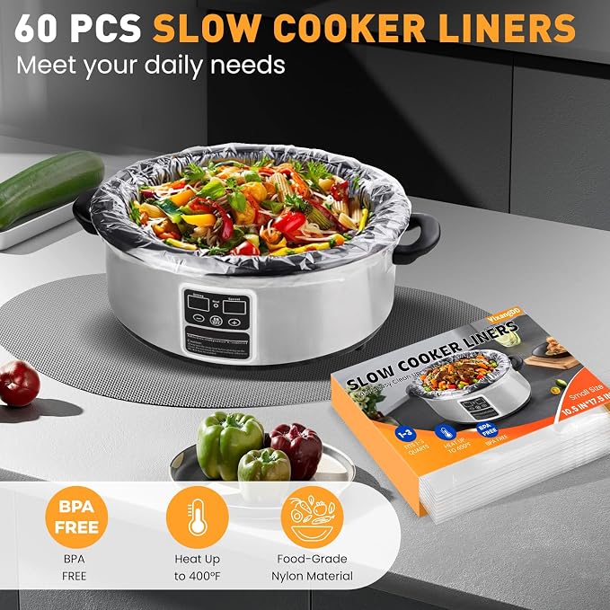 60 Pack Slow Cooker Liners, Small Size 10.5"x 17.5" Cooking Bags Disposable Pot Liners, Plastic Slow Cooker Bags Fits 1-3 Quarts, BPA Free, Suitable for Oval & Round Pot