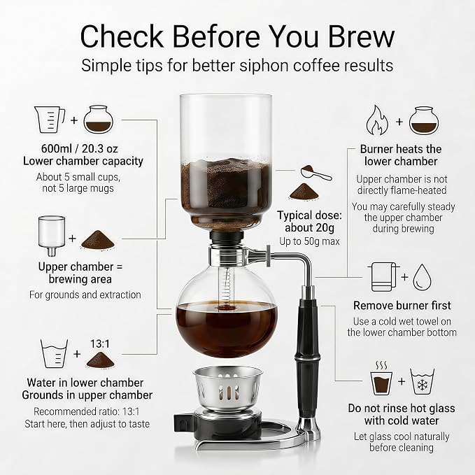 Siphon Coffee Maker, 20 oz Glass Vacuum Brewer with Cloth Filter | Borosilicate glass, reusable cloth filter, alcohol burner, hands-on siphon brewing, rich small-batch coffee