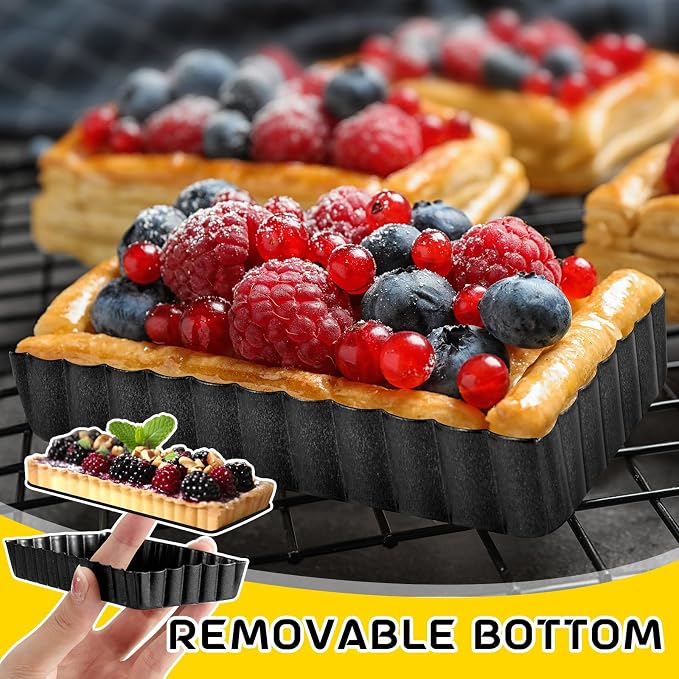 Tessco for You 16 Pcs Mini Tart Pans for Baking, 4.3 x 2.4 Inch Quiche Pans with Removable Bottom, Nonstick Egg Tart Molds Fluted Side Bakeware for Pie Fruit Tarts Cheesecake Dessert (Black Rectangle)