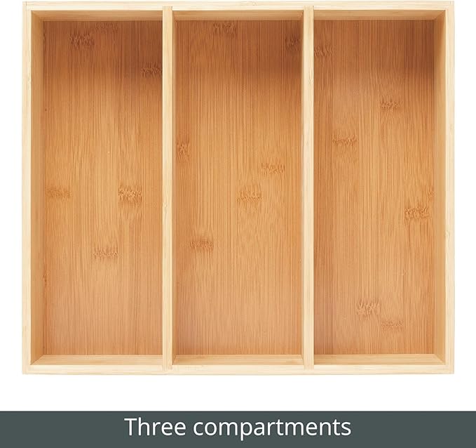 mDesign Bamboo Pantry Organizer Bin Box, 3 Sections - Wooden Stackable Basket Crates for Food, Produce, Vegetable Storage - Use on Shelves or in Closet, 2 Pack, Natural/Tan