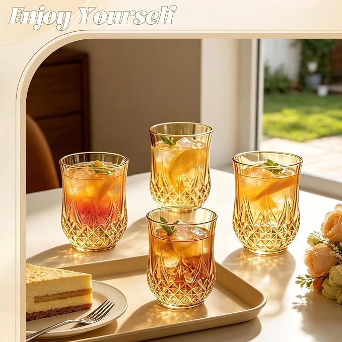 40 Pack Plastic Stemless Wine Glasses,12oz Unbreakable Vintage Elegant Drinking Glass Set,Reusable Fancy Cocktail Cups for Party, Wedding, and Bulk Events (40, 12oz-Gold)