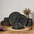 E-far 12-Piece Plates and Bowls Sets, Stoneware Dinnerware Dishes Sets for 4, Kitchen Modern Dining Dishware, Chip & Scratch Resistant, Microwave & Dishwasher Safe, Blackish Green