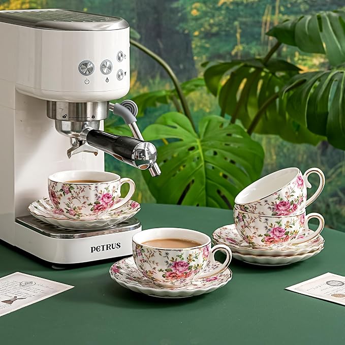 Agyiuns Tea Cup and Saucers, 6.4oz Floral Tea Cups with Gold Trim, Porcelain Teacup, Coffee Cappuccino Espresso Latte Mugs for Party Birthday,Party Cafe Home, Christmas Gift (White)
