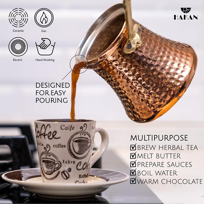 Hakan Turkish Coffee Pot | Stove Top Water Boiler, Coffee Maker, Butter, Chocolate & Milk Warmer | Even and Quick Heat with Handcrafted Copper Material | Coffee Gifts Idea, 16 Oz (475 cc)