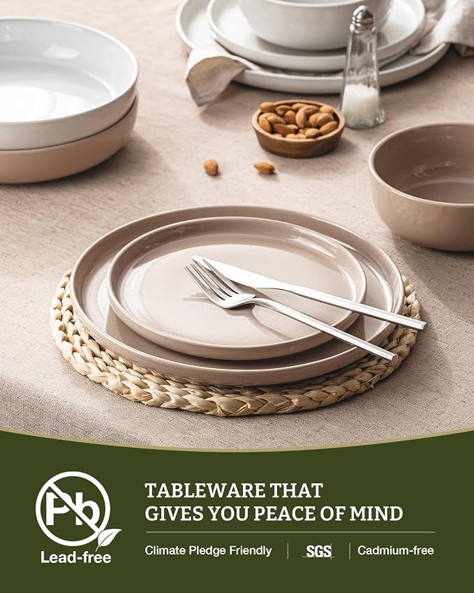 Famiware Milkyway Plates and Bowls Sets, 12 Pieces Stoneware Dinnerware Sets, Dishes Set for 4, White & Cinnamon Brown