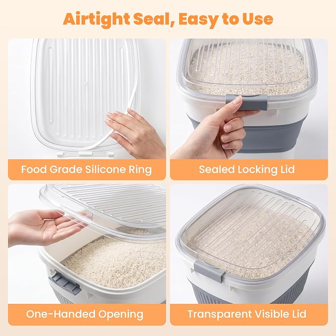 50 Lbs Rice Storage Container with Wheels, Collapsible Airtight Rice Holder with Transparent Lid, Measuring Cup, Scoop, Handle, BPA Free Food Storage Container for Pet Food, Grain, Bird Seed