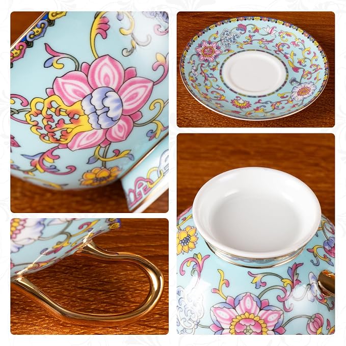 KAMMAK Tea Cups and Saucers Set of 2, Porcelain Coffee Cups, Stackable Espresso Mugs, Ceramic Demitasse for Coffee, Cappuccino, Latte, Americano, Tea, Full Bloom Blue