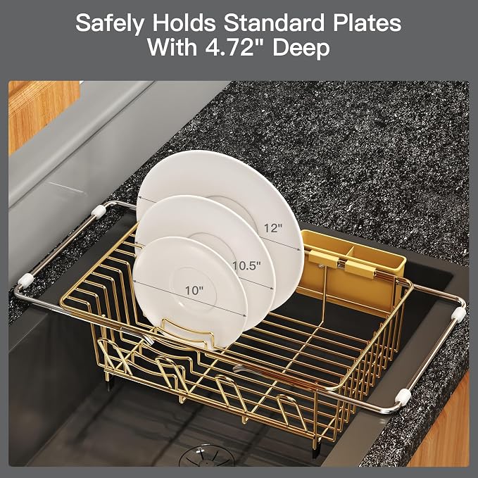MAJALiS Gold Dish Drying Rack Over Sink with Utensil Holder, Drainboard | Expandable Stainless Steel Dish Drainer for Small Kitchen, Apartment, RV, Counter Space Saving, Perfect Fit, Rustproof