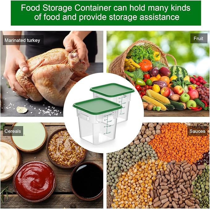 FoldTier 2 Pieces Square Food Storage Containers Polycarbonate Clear Food Container with Lid Commercial Food Storage with Graduations for Commercial Kitchen Dough Marinating Meat(Green, 8 Qt)