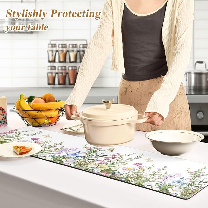 Spring Trivet Table Runner 40 Inches Long Spring Wild Flowers Butterfly Heat Resistant Hot Pad Multi Purpose Mat for for Hot Pots Pans Kitchen Countertops