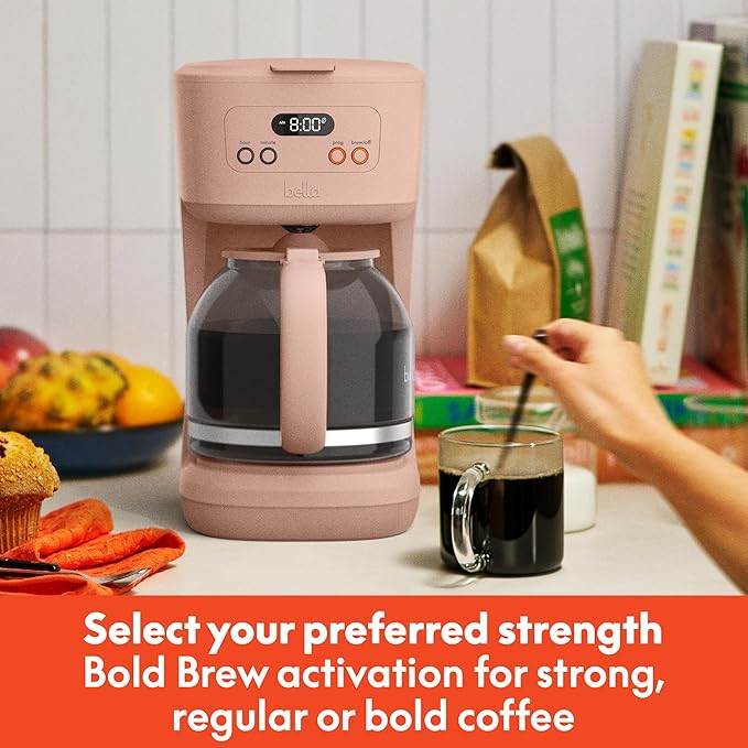 bella 12 Cup Programmable Coffee Marker, Reusable Dishwasher Safe Accessories, Easy LCD diaply, Auto Shutoff, 900 watt, Blossom
