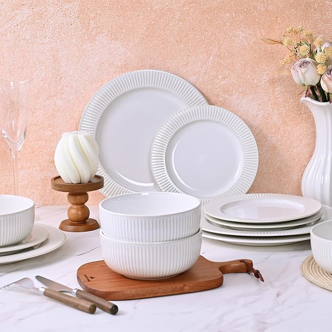 Embossed Ceramic Dinnerware Set for 4 - Arctic White Plates & Bowls Set 12 Pieces - Microwave & Dishwasher Safe Porcelain Chip Resistant Handmade Dishware Set Kitchen Gift, Vertical Stripe