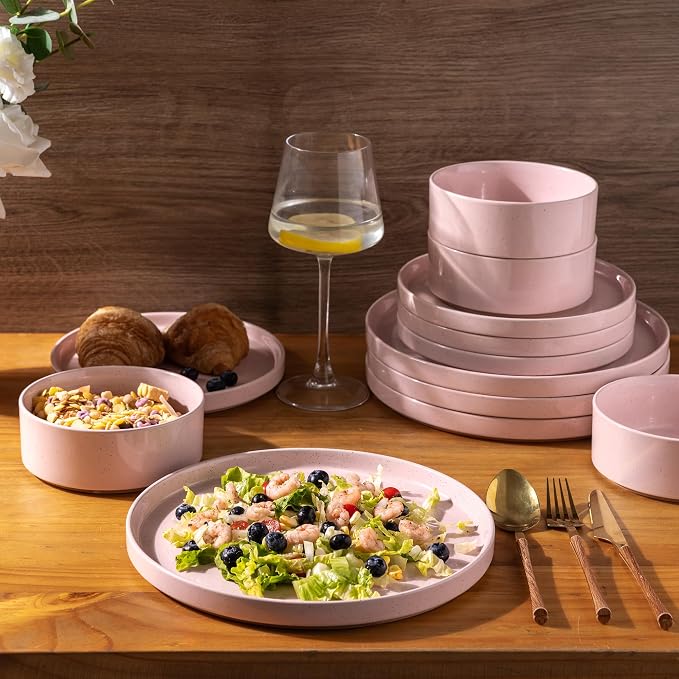 AmorArc Ceramic Dinnerware Set for 6 | Speckled Stoneware Plates and Bowls with Rustic Terracotta Underside| Scratch Resistant,Dishwasher & Microwave Safe Dishes Sets- 18pcs Pink
