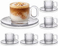 6 Sets of Glass Tea Cups with Saucers Vintage Coffee Mugs 5.6 oz Clear Espresso Cup with Handle Embossed Glassware for Hot Cold Beverages Americano Cappuccino Latte Tea