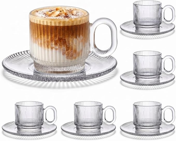 6 Sets of Glass Tea Cups with Saucers Vintage Coffee Mugs 5.6 oz Clear Espresso Cup with Handle Embossed Glassware for Hot Cold Beverages Americano Cappuccino Latte Tea