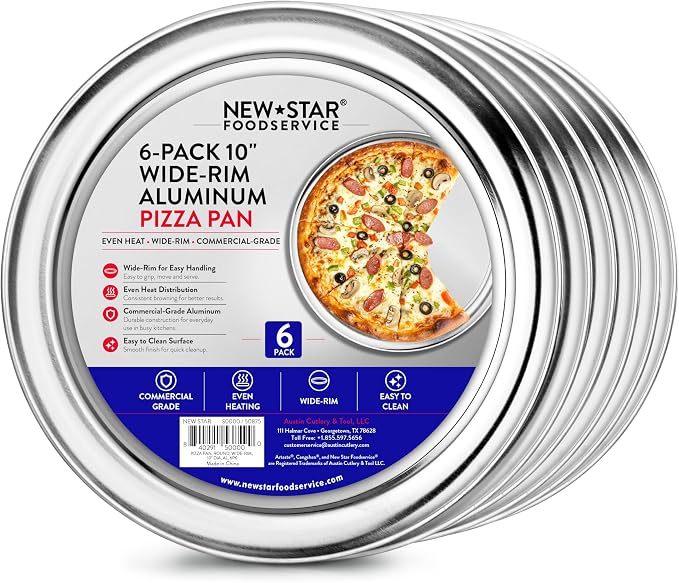 New Star Foodservice Restaurant-Grade Aluminum Pizza Pan/Tray, Wide Rim, 10 Inch, Pack of 6