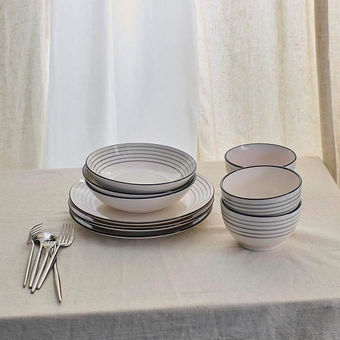 Earth & Clay Zeke 12-Piece Dinnerware Set Earthenware, Plates and Bowls Set, Dishwasher and Microwave Safe Dishes, Dish Set for 4, Grey