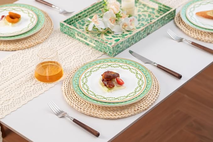 FHGNYSM High Bone China Dinnerware Set, 12-Piece Artistic Green Plates and Bowls, Lightweight & Chip Resistant Ceramic Service for 4, Dishwasher Safe Elegant Kitchen Dining