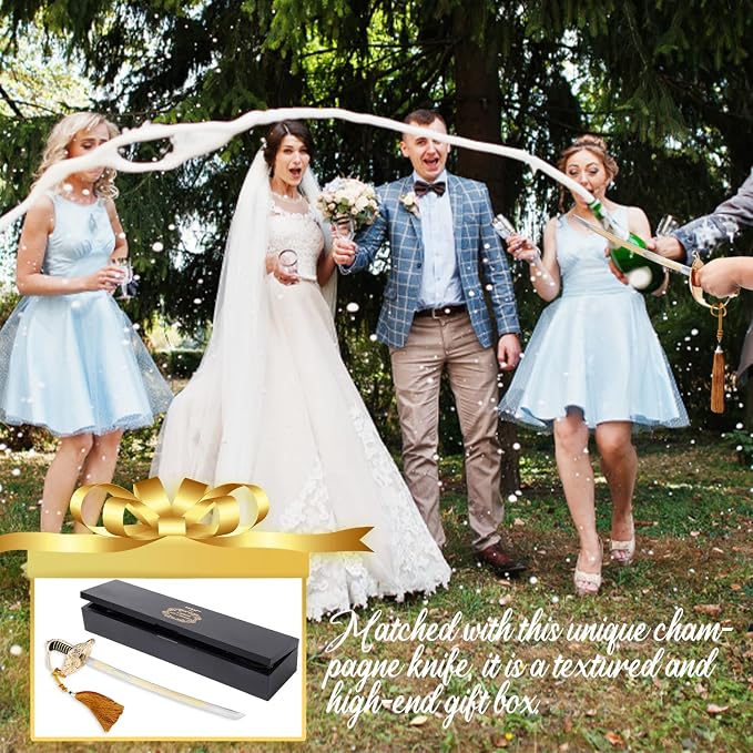 Champagne Saber with Golden Handle & Wooden Gift Box,Pirate Sword Champagne Opener,Sparkling Wine Knife,Champagne Knife Unique Openning Wine with Sabre (Golden)