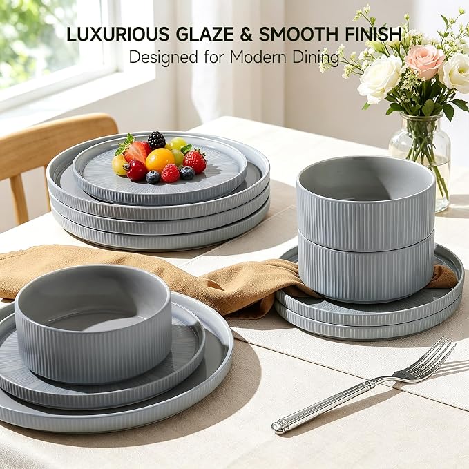 Dinnerware Sets, Ceramic Plates and Bowls Set 12 Piece Dinnerware for 4 Chip Resistant Stoneware with Advanced Inkjet Printing Technology, Dishwasher and Microwave Safe-Smoky Blue