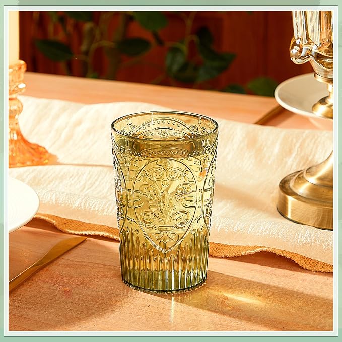 48 Pcs 16 oz Plastic Vintage Drinking Glasses Stemless Ribbed Highball Glasses Bulk Embossed Reusable Cup for Water Beer Cocktails Juice Wedding Bridal Shower Birthday Event Party (Green)