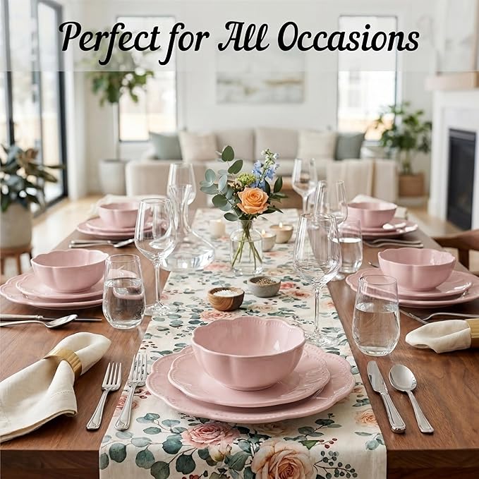Sango 12 Pieces Scalloped Dinnerware Set, Modern Pink Dishes for 4, Premium Serving Plates & Bowls Sets, Chip Resistant, Blush Ceramic Dishware, Kitchen Dish, Microwave & Dishwasher Safe, Bethany