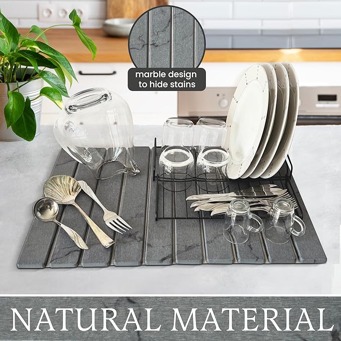 Stone Drying Mat + Foldable Black Metal Dish Rack – Complete 2-Tier Kitchen Drying System – Ultra Absorbent Dark Gray Mat for Plates, Glasses & Cutlery – Modern & Hygienic Counter Organizer - 24"x16"