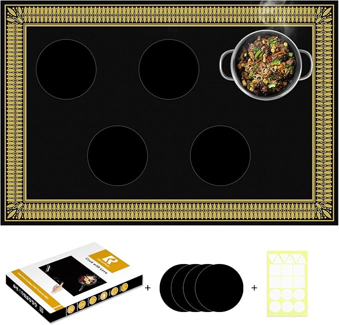 Large Newly-Enhanced Silicone Induction Cooktop Protector Cover Stove Mat 20.4" x 30.7" (Magnetic) | 300°C (572°F) Heat-Resistant | Power Boost Compatible | Prevents Pot Sliding & Scratches,Black_Gold